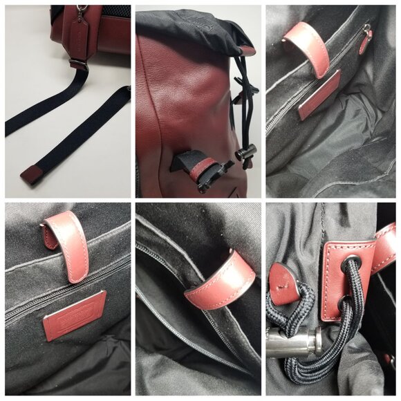 COACH Men's Burgundy Red & Black Leather Metal Buckle Drawstring Laptop Backpack - Picture 15 of 16